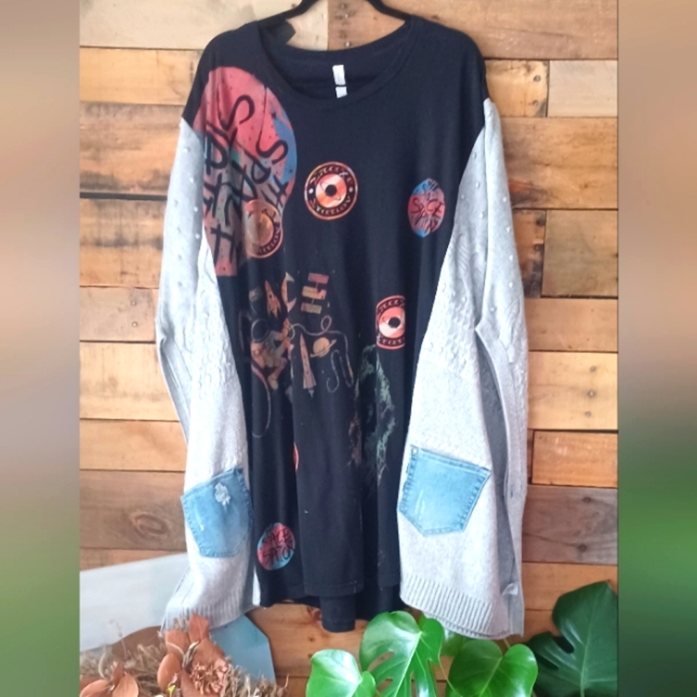 Upcycled Long Space Graphic  T-shirt Top